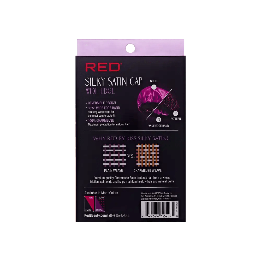Red by Kiss Silky Satin Wide Edge Bonnet – Large | Gentle Edge Protection for Curls, Wraps & Short Styles | Black & Pink, Purple & Dotty | One Size - Beauty Exchange Beauty Supply