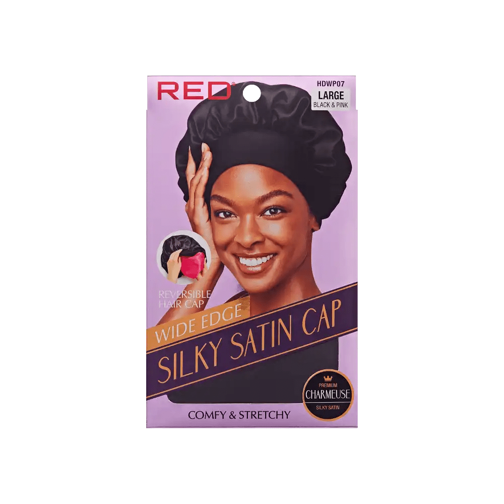 Red by Kiss Silky Satin Wide Edge Bonnet – Large | Gentle Edge Protection for Curls, Wraps & Short Styles | Black & Pink, Purple & Dotty | One Size - Beauty Exchange Beauty Supply