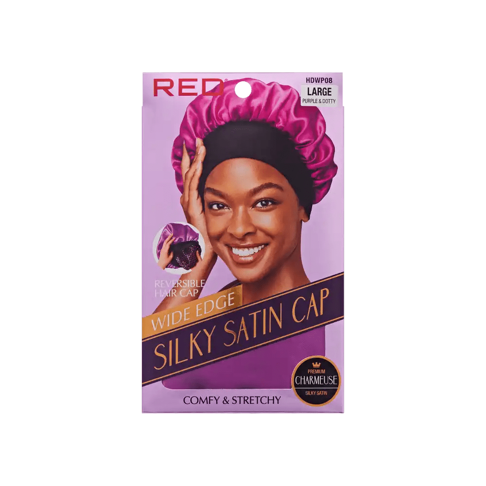 Red by Kiss Silky Satin Wide Edge Bonnet – Large | Gentle Edge Protection for Curls, Wraps & Short Styles | Black & Pink, Purple & Dotty | One Size - Beauty Exchange Beauty Supply