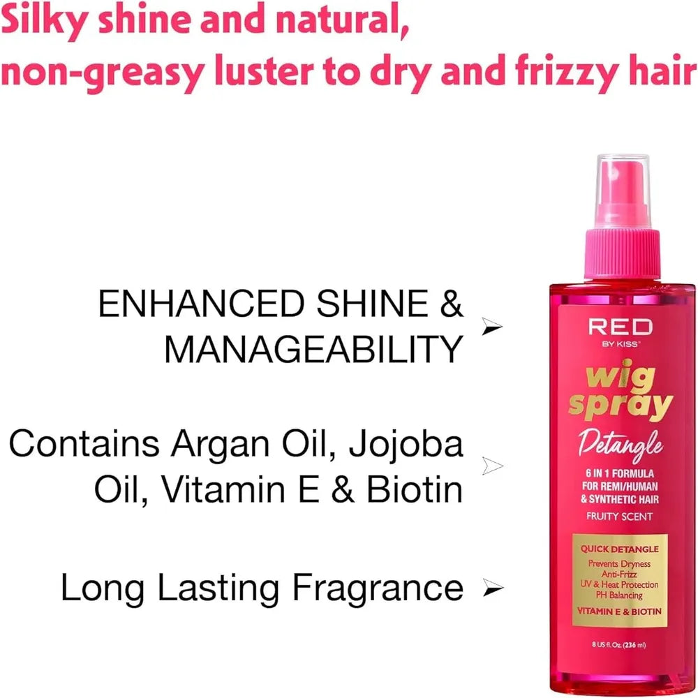 Red by Kiss Wig Spray – Extra Shine & Detangling Control for Remi, Human & Synthetic Hair, UV & Heat Protection, 8 oz - Beauty Exchange Beauty Supply