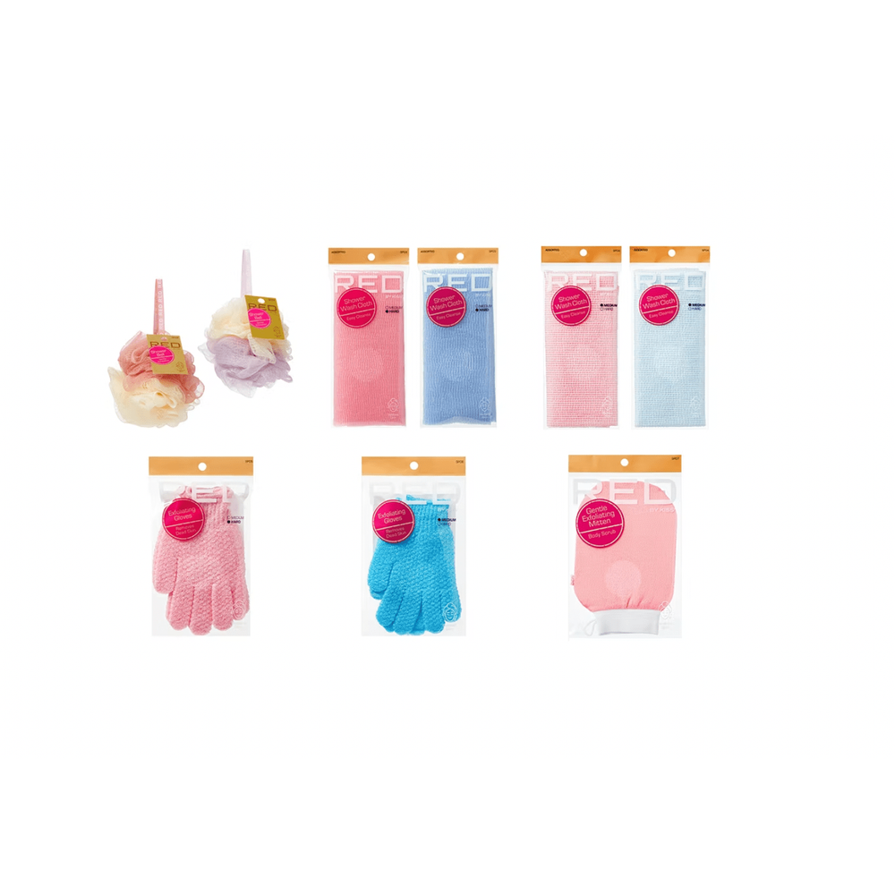 RED Spa Bath Essentials – Shower Ball, Wash Cloth, Exfoliating Gloves & Mitt (Assorted Set) - Beauty Exchange Beauty Supply