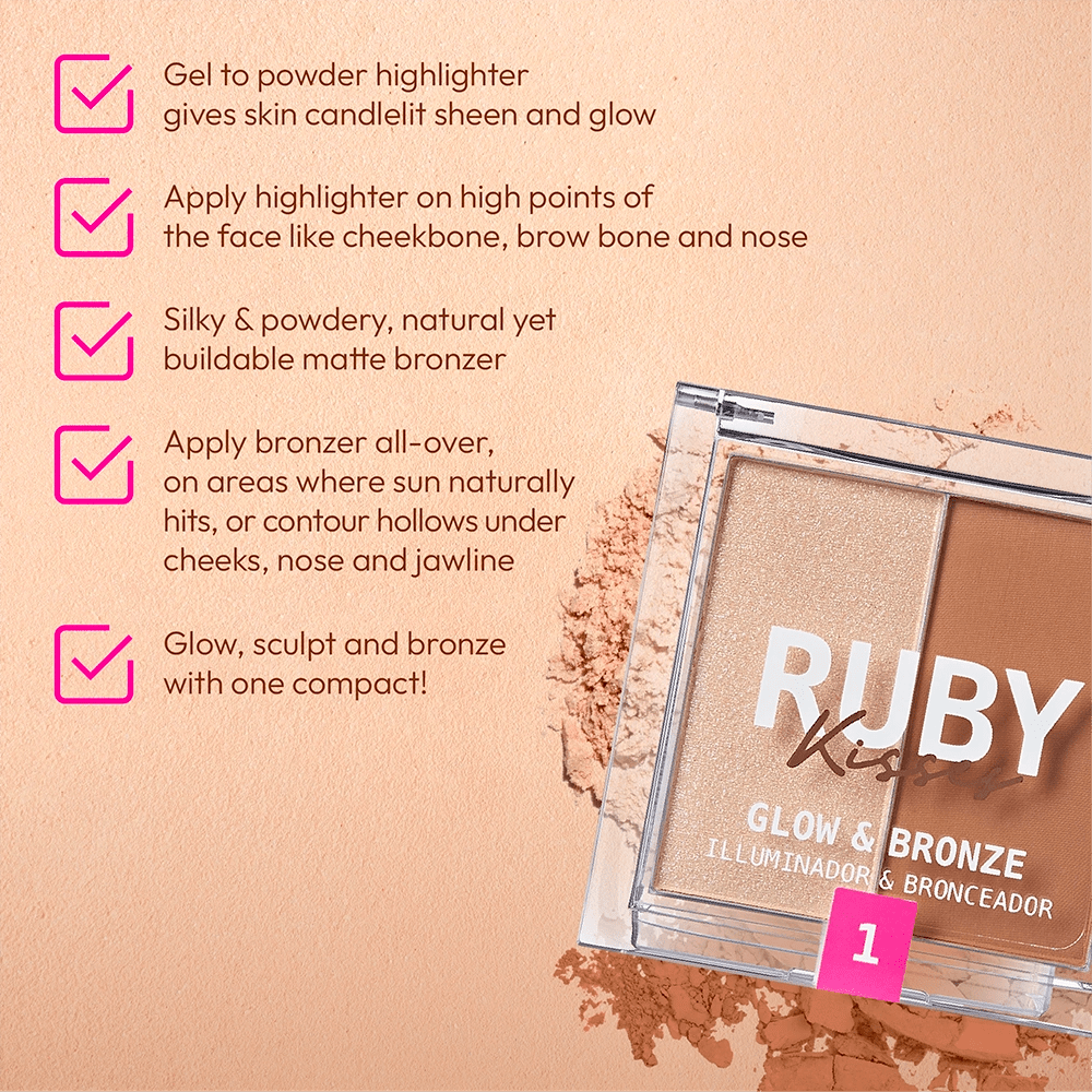 Ruby Kisses Glow & Bronze Highlighter Bronzer Duo – 2 - in - 1 Radiant Finish | Sculpt & Shine | 4 Shades - Beauty Exchange Beauty Supply