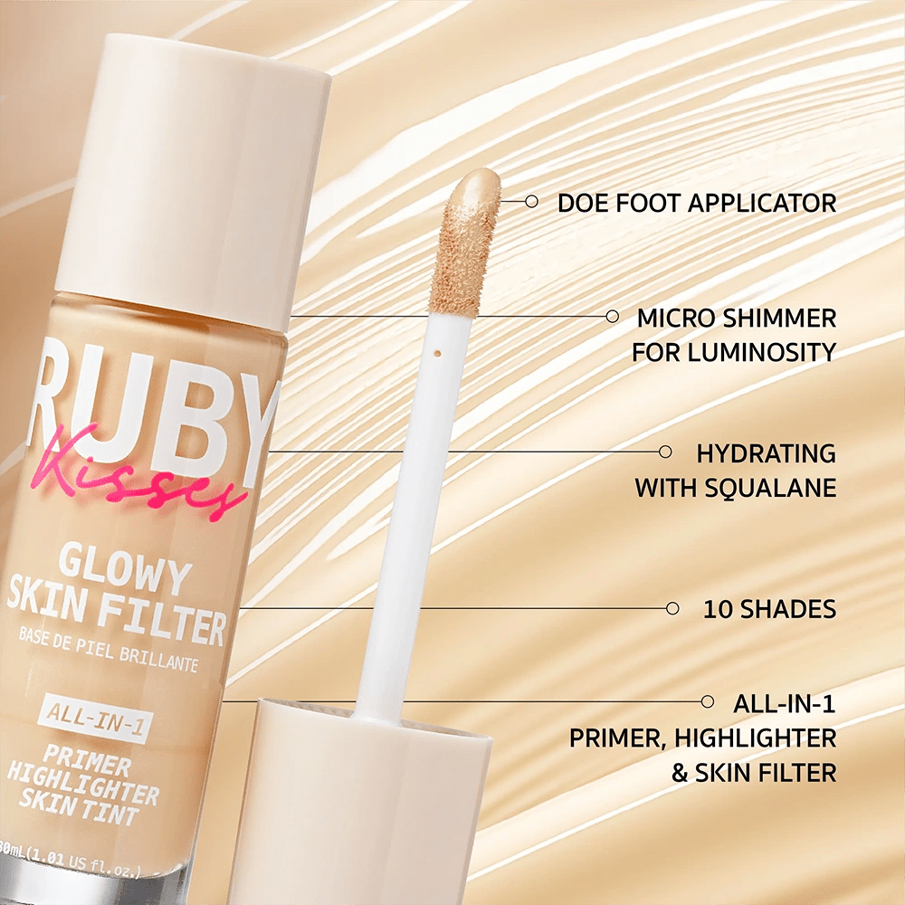 Ruby Kisses Glowy Skin Filter Foundation – 3 - in - 1 Primer, Skin Tint & Highlighter | Dewy Finish, Natural Glow | 10 Shades - Beauty Exchange Beauty Supply