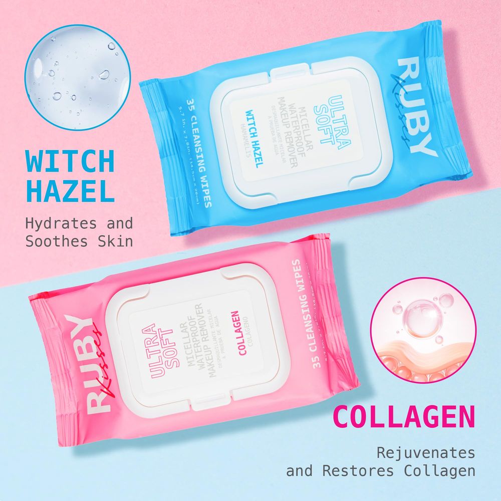 Ruby Kisses Micellar Waterproof Makeup Removing Wipes – Witch Hazel & Collagen Variants | Effortless Cleansing - Beauty Exchange Beauty Supply