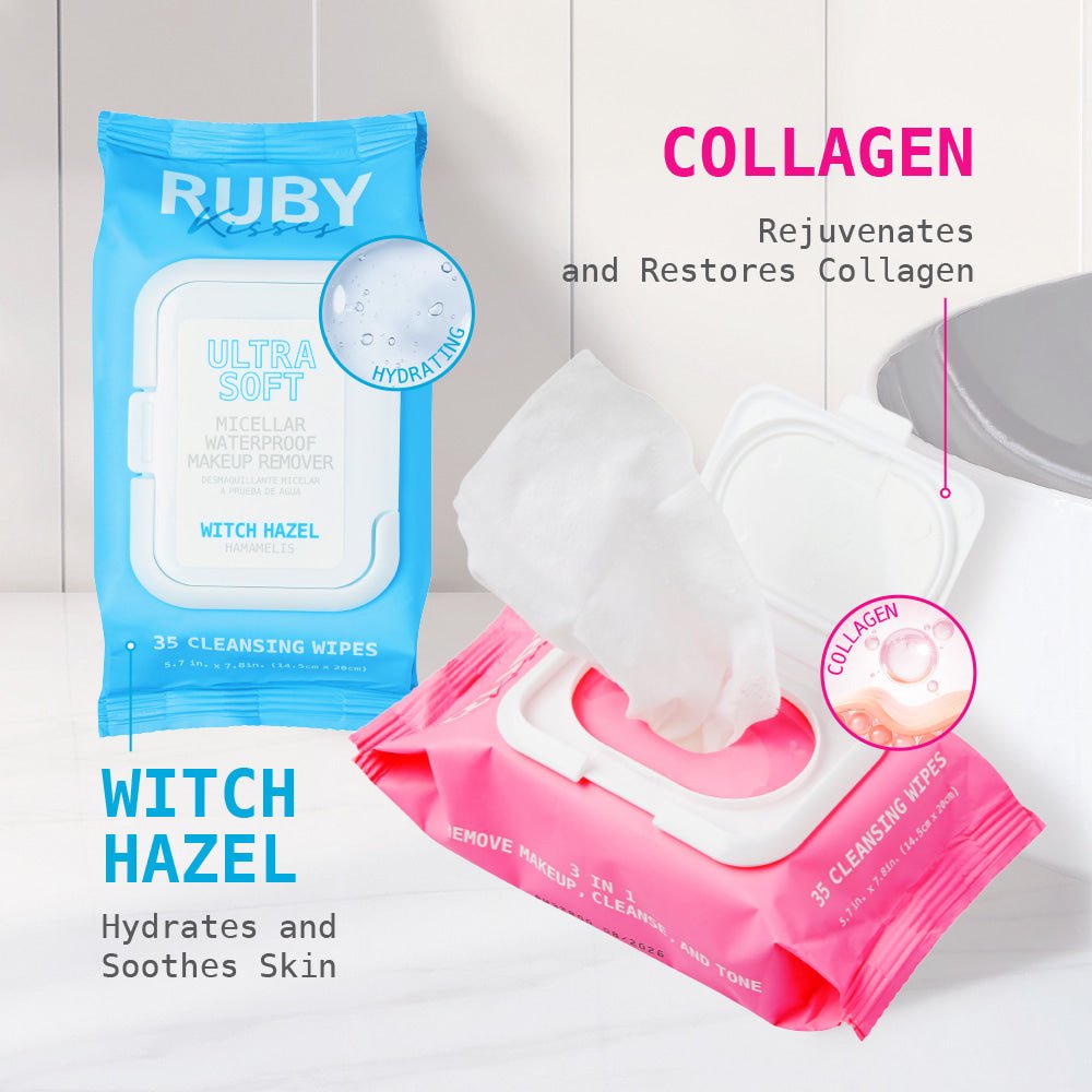 Ruby Kisses Micellar Waterproof Makeup Removing Wipes – Witch Hazel & Collagen Variants | Effortless Cleansing - Beauty Exchange Beauty Supply