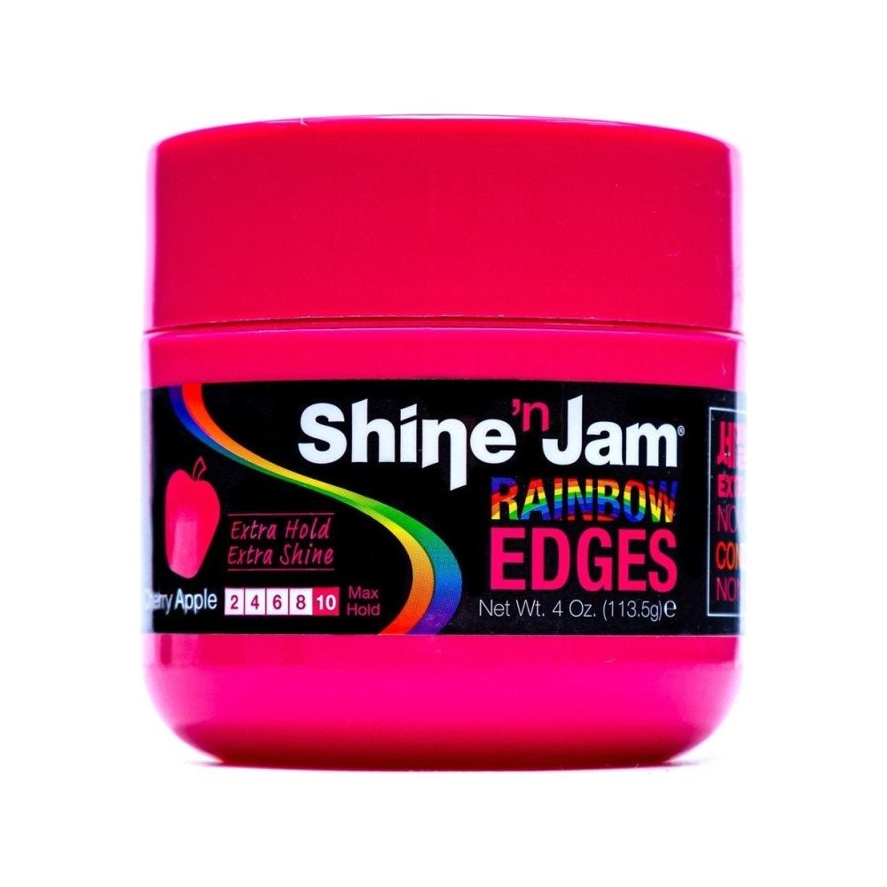 Shine ‘N Jam Rainbow Edges – Extra Hold & Extra Shine – Strawberry, Watermelon, Cherry Apple, Banana, Blueberry Blast – 4oz - Beauty Exchange Beauty Supply