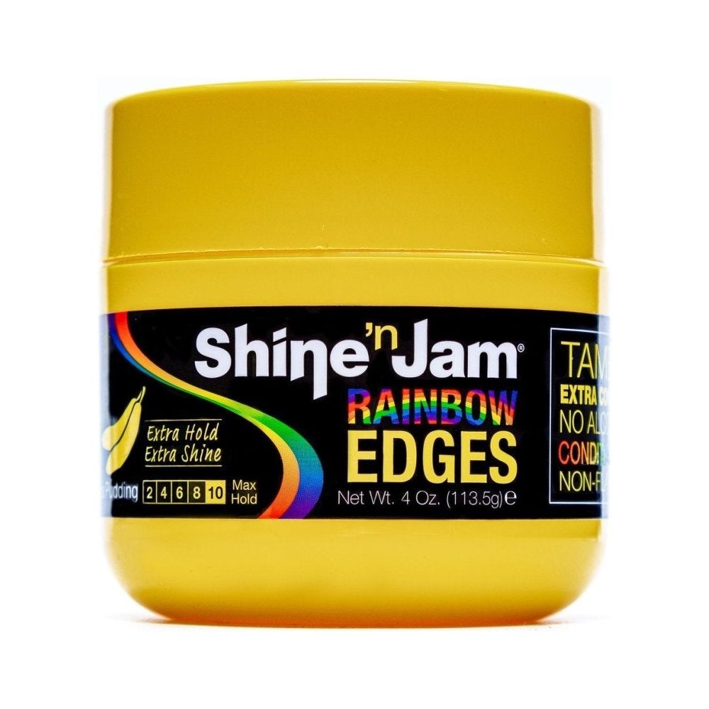 Shine ‘N Jam Rainbow Edges – Extra Hold & Extra Shine – Strawberry, Watermelon, Cherry Apple, Banana, Blueberry Blast – 4oz - Beauty Exchange Beauty Supply