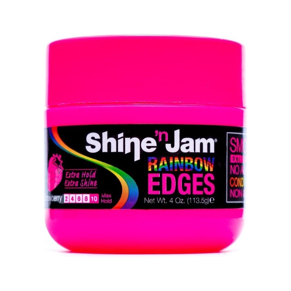 Shine ‘N Jam Rainbow Edges – Extra Hold & Extra Shine – Strawberry, Watermelon, Cherry Apple, Banana, Blueberry Blast – 4oz - Beauty Exchange Beauty Supply