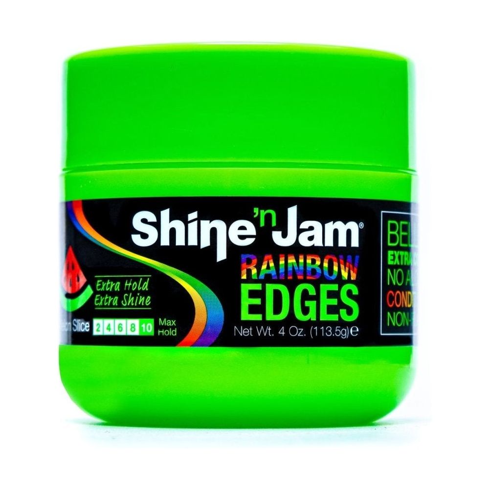 Shine ‘N Jam Rainbow Edges – Extra Hold & Extra Shine – Strawberry, Watermelon, Cherry Apple, Banana, Blueberry Blast – 4oz - Beauty Exchange Beauty Supply