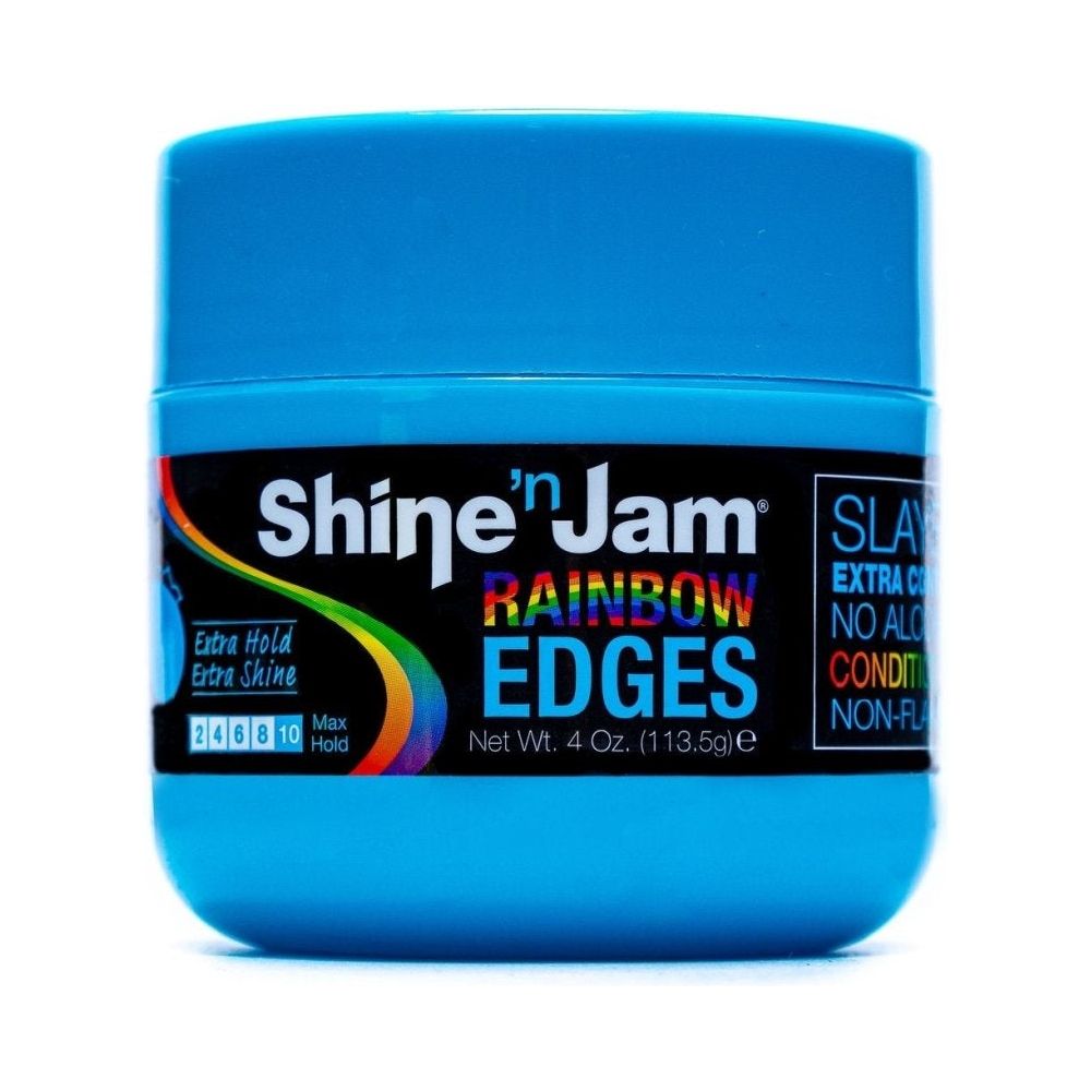 Shine ‘N Jam Rainbow Edges – Extra Hold & Extra Shine – Strawberry, Watermelon, Cherry Apple, Banana, Blueberry Blast – 4oz - Beauty Exchange Beauty Supply