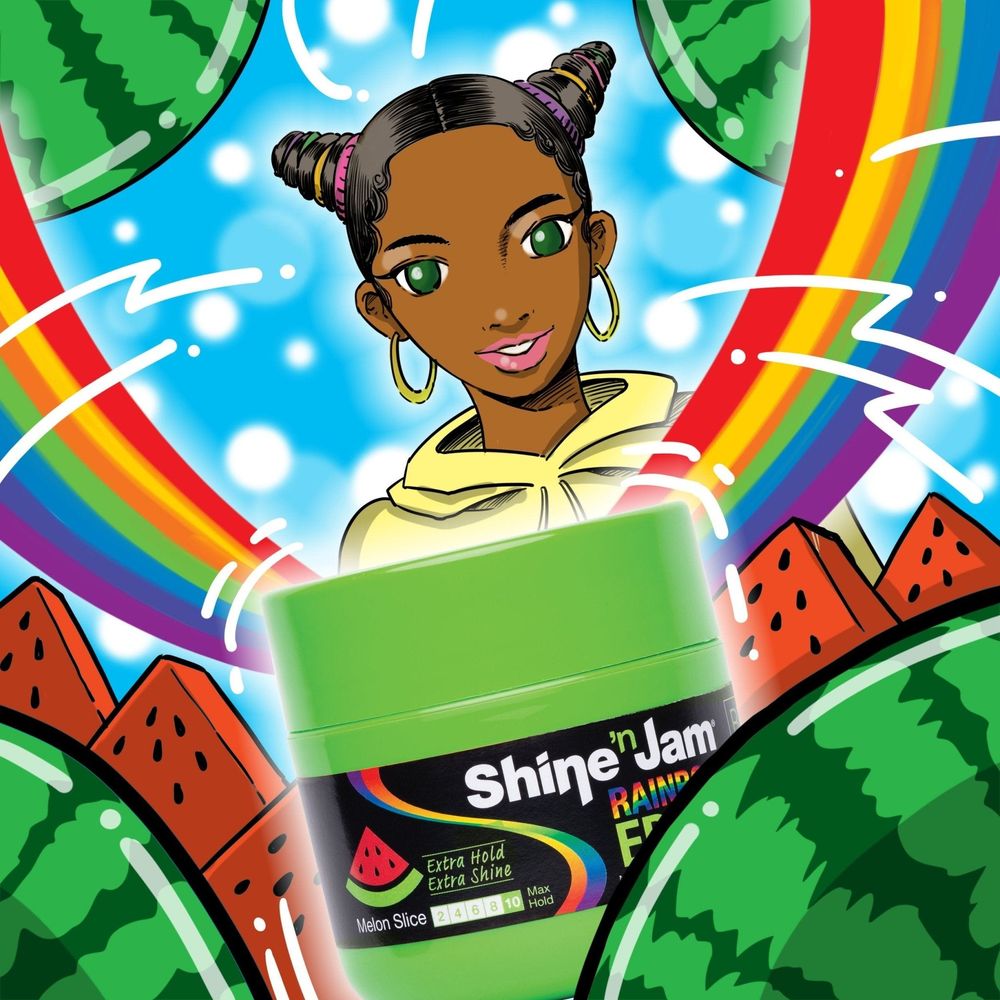 Shine ‘N Jam Rainbow Edges – Extra Hold & Extra Shine – Strawberry, Watermelon, Cherry Apple, Banana, Blueberry Blast – 4oz - Beauty Exchange Beauty Supply