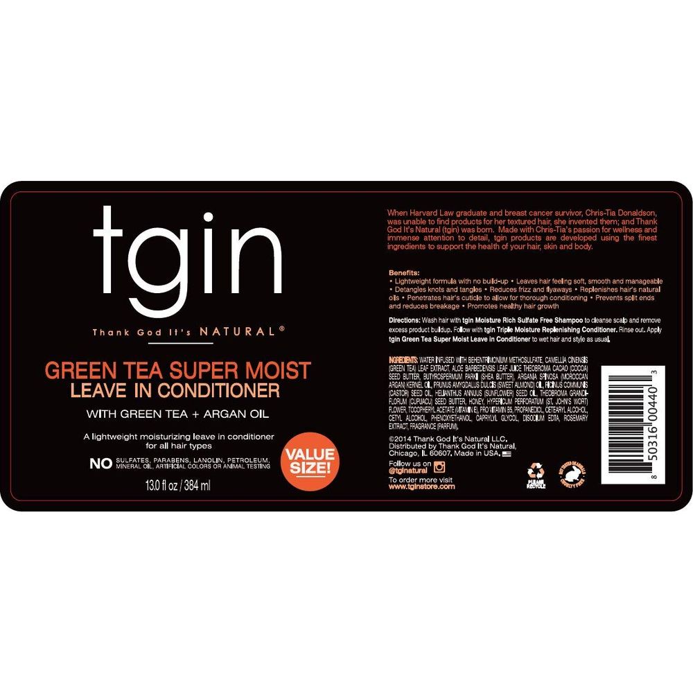tgin Green Tea Super Moist Leave in Conditioner for Curly, Coily and Wavy Hair, with Argan Oil, Shea Butter and Green Tea, Moisturizes and Nourishes Dry Hair, 13 oz - Beauty Exchange Beauty Supply