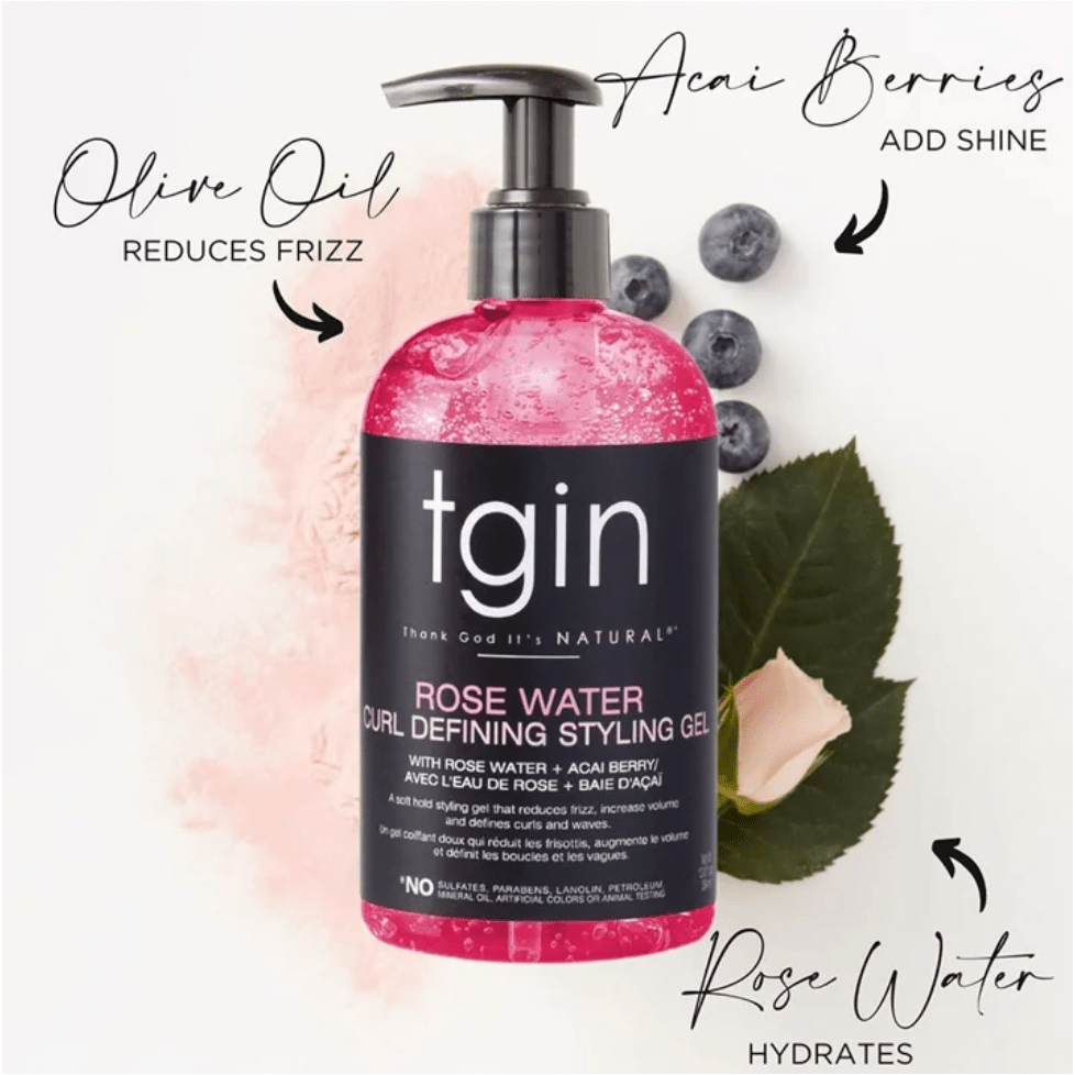 tgin Rose Water Defining Styling Gel for Curly, Coily and Wavy Hair, Reduce Frizz, Light Hold, Moisturizes and Defines Curls, 13 oz - Beauty Exchange Beauty Supply