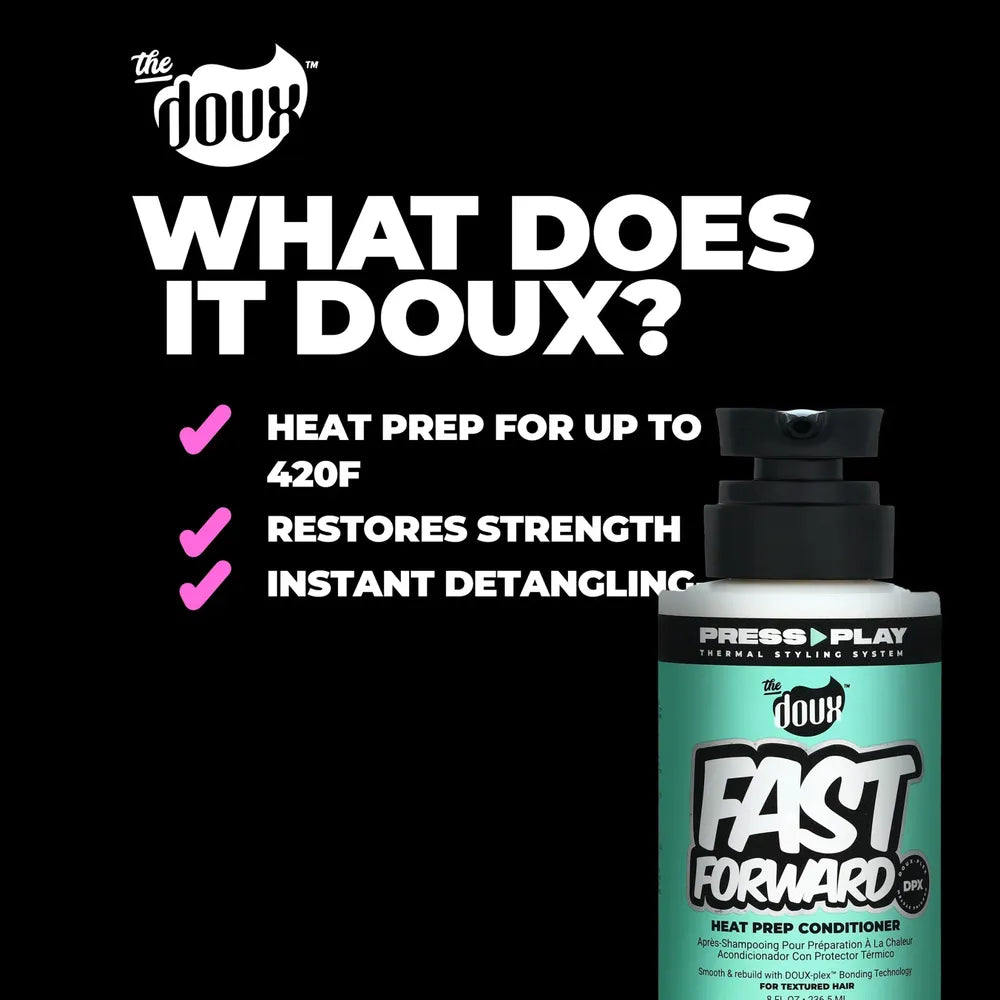 The Doux - (2 Variants) Press Rewind Curl Retention Shampoo + Fast Forward Heat Prep Conditioner โ 8 oz | Protect. Prep. Style With Confidence. - Beauty Exchange Beauty Supply