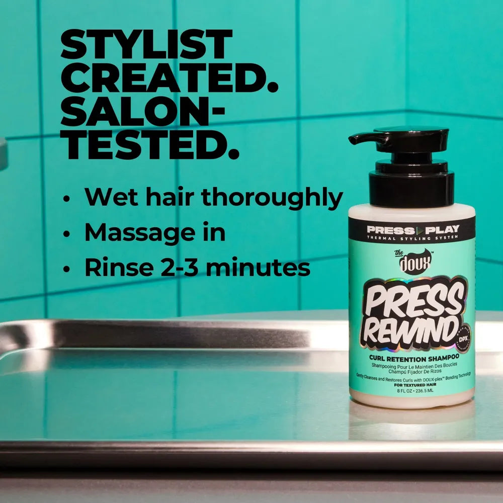 The Doux - (2 Variants) Press Rewind Curl Retention Shampoo + Fast Forward Heat Prep Conditioner โ 8 oz | Protect. Prep. Style With Confidence. - Beauty Exchange Beauty Supply
