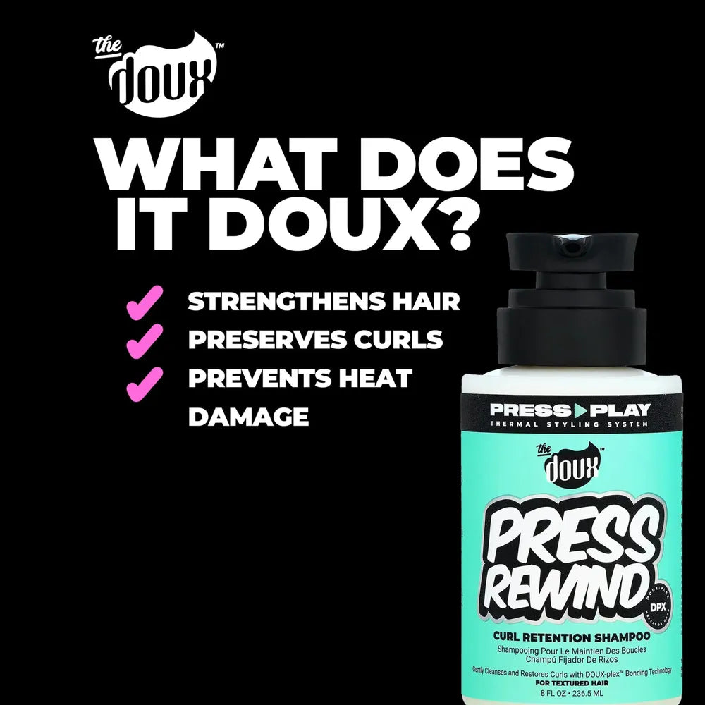 The Doux - (2 Variants) Press Rewind Curl Retention Shampoo + Fast Forward Heat Prep Conditioner โ 8 oz | Protect. Prep. Style With Confidence. - Beauty Exchange Beauty Supply