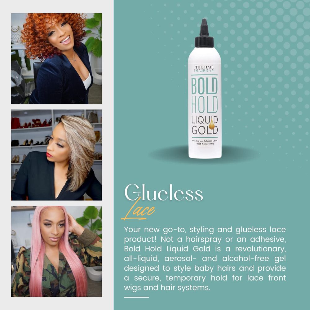 The Hair Diagram - Bold Hold Liquid Gold Reloaded | Glue - less Lace Gel | Temporary Hold For Wigs and Hair Systems | Styling Agent For Baby Hairs | Non Toxic | Aerosol & Alcohol Free | Water Based Formula | 4oz - Beauty Exchange Beauty Supply