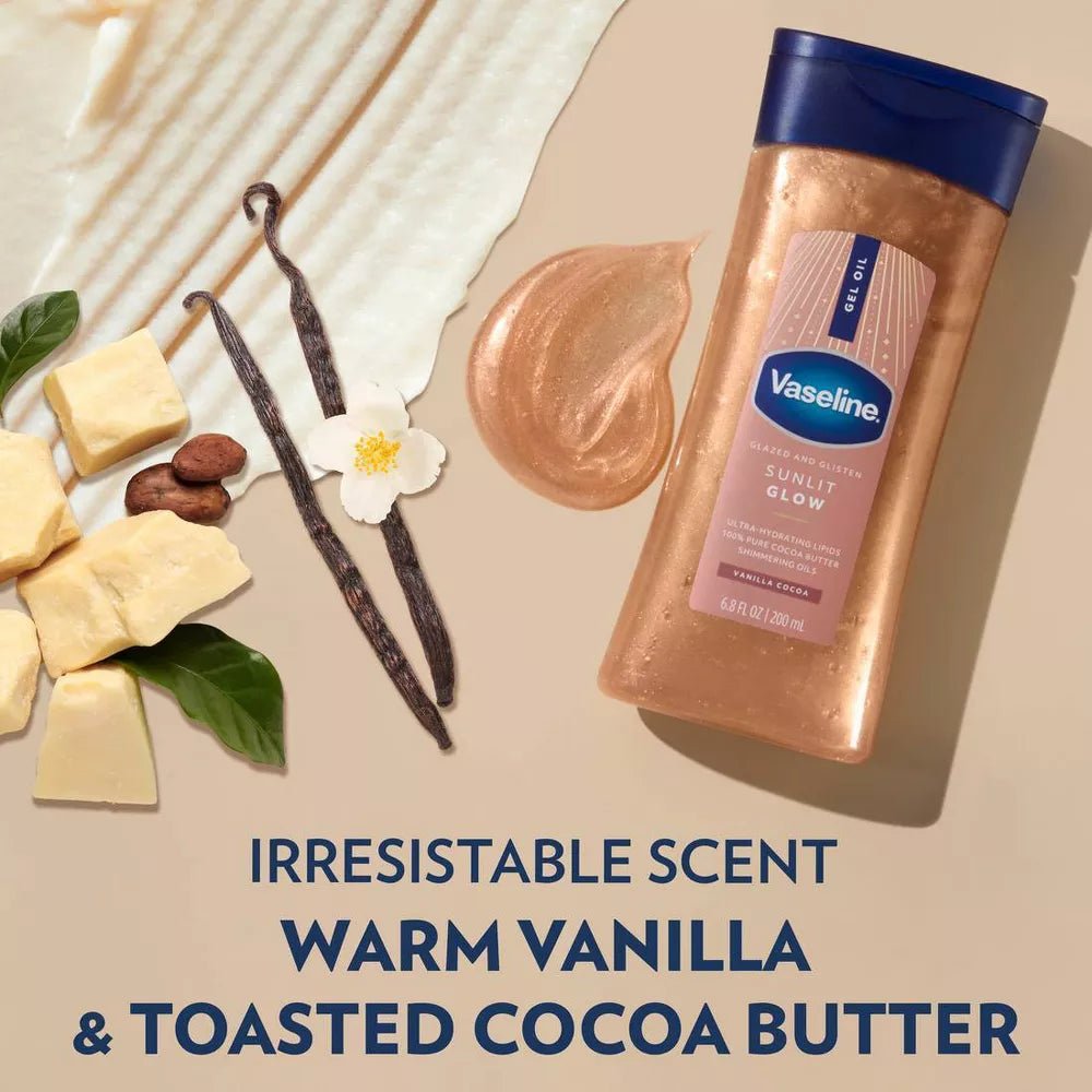 Vaseline Glazed & Glisten Vanilla Cocoa Shimmering Gel Body Oil – 6.8oz - Beauty Exchange Beauty Supply