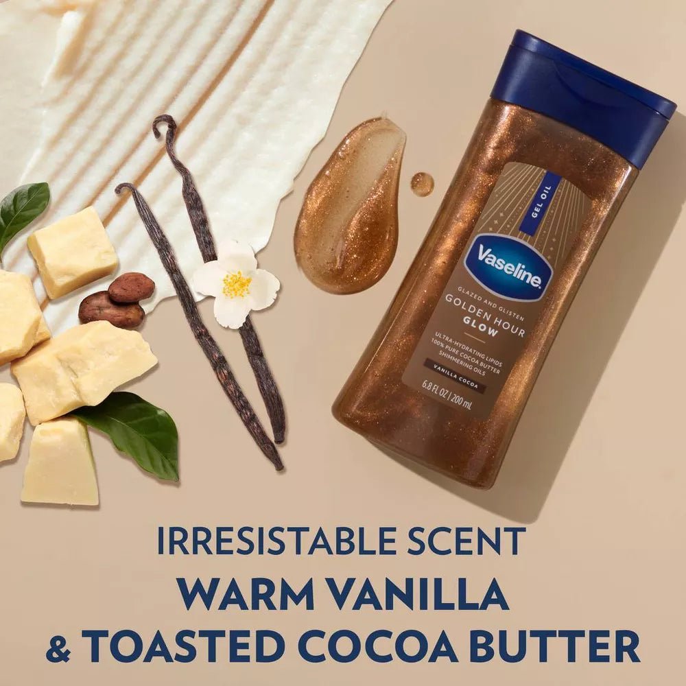 Vaseline Glazed & Glisten Vanilla Cocoa Shimmering Gel Body Oil – 6.8oz - Beauty Exchange Beauty Supply