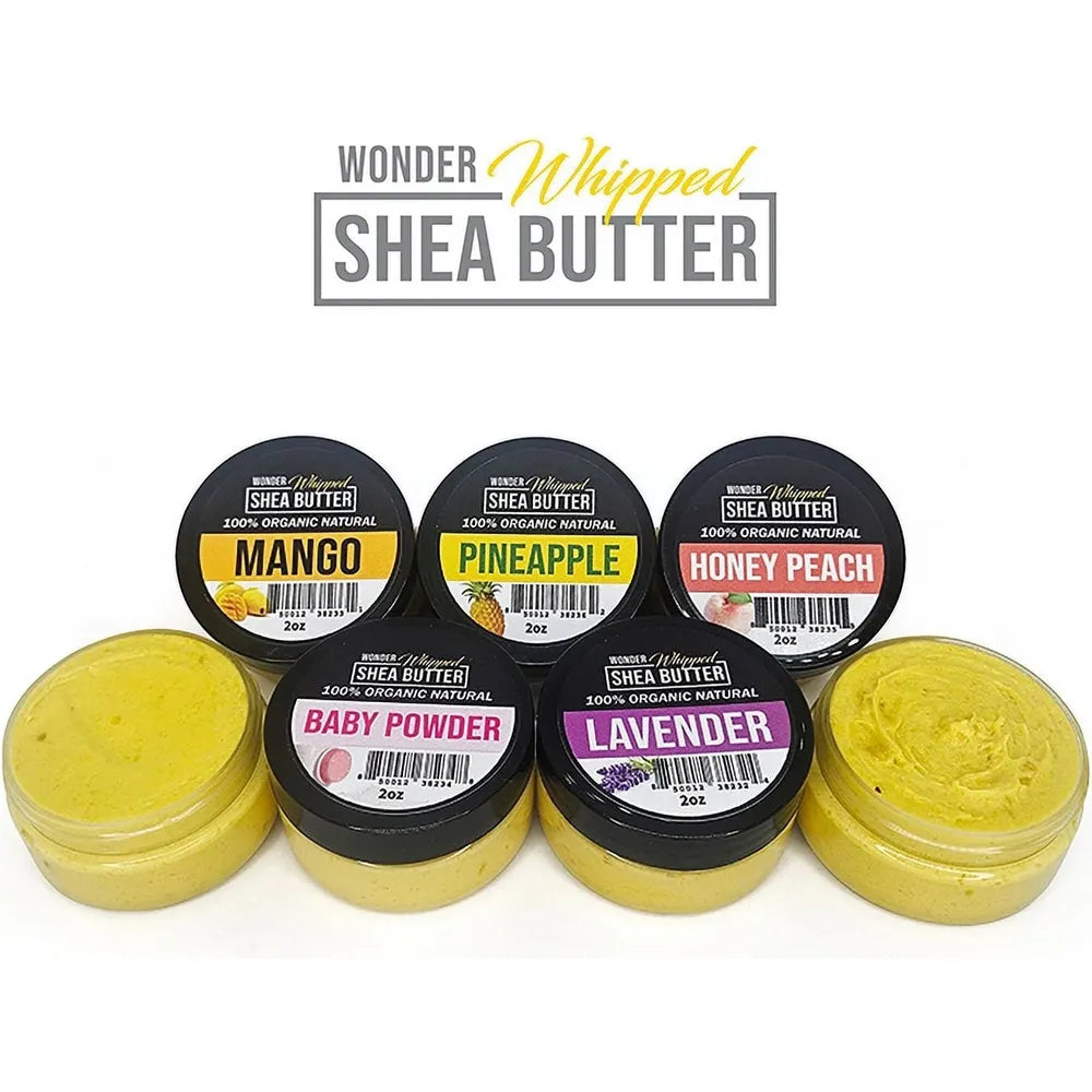 WONDER 100% Organic Whipped Shea Butter โ Natural Moisturizer โ Mango, Pineapple, Honey Peach, Baby Powder, Lavender, Lemon, Hemp โ 2 oz (7 - Piece Variant Set) - Beauty Exchange Beauty Supply
