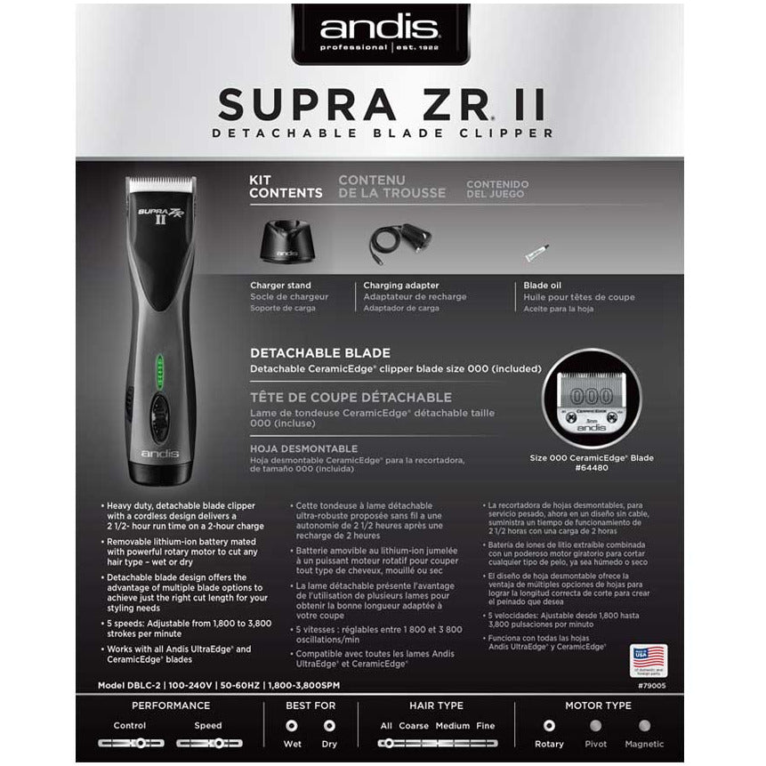 Andis Professional Supra ZR II Cordless Detachable Blade Clipper - Beauty Exchange Beauty Supply