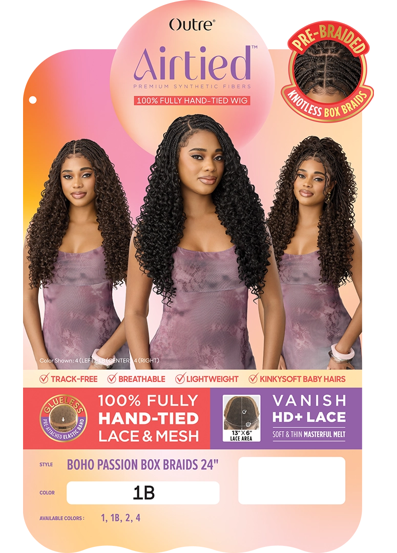 Outre Airtied 100% Fully Hand-Tied Human Hair Blend HD Lace Wig - Boho Passion Box Braids 24"