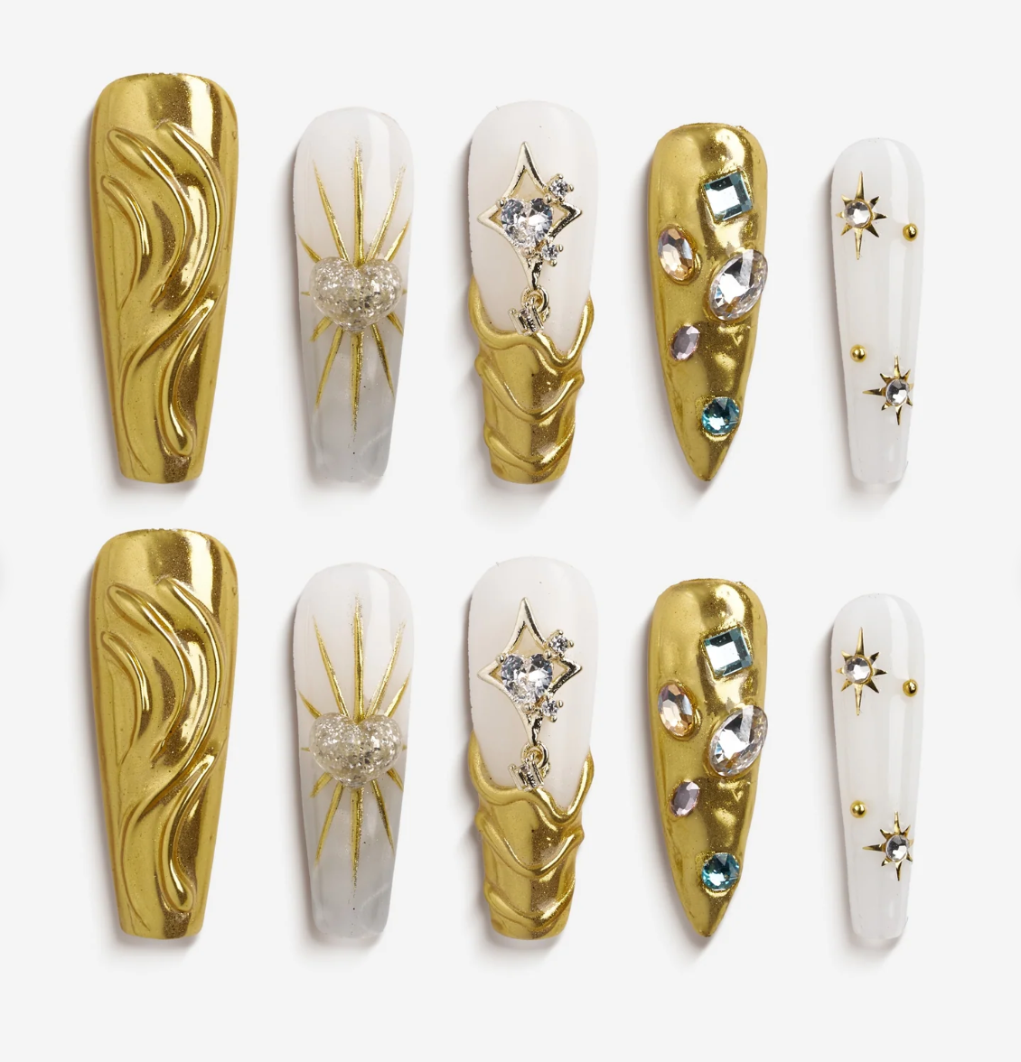 DRESUP Golden Allure Medium Coffin Press-On Nails – 12 Pieces