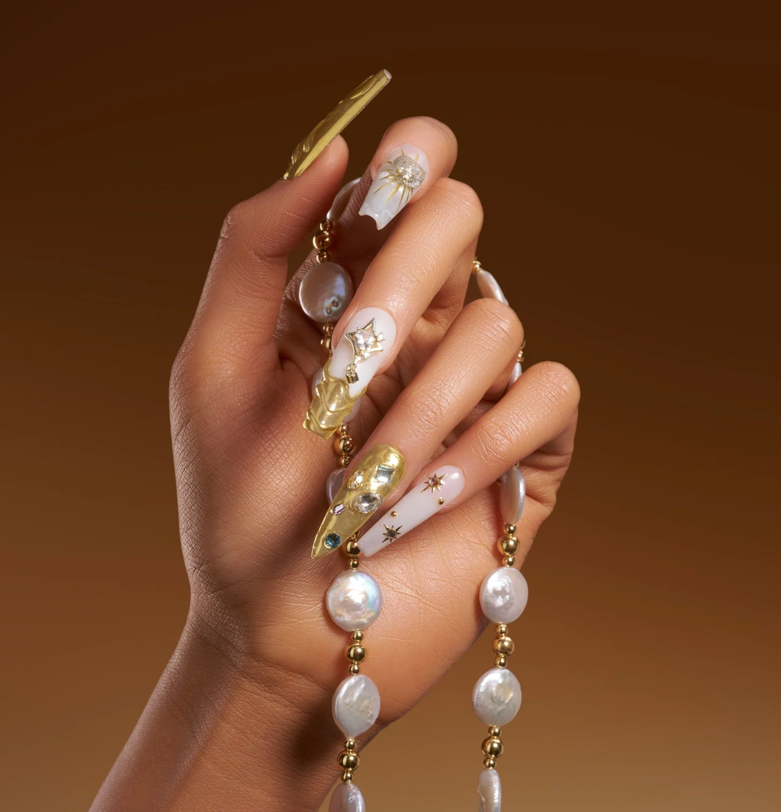 DRESUP Golden Allure Medium Coffin Press-On Nails – 12 Pieces