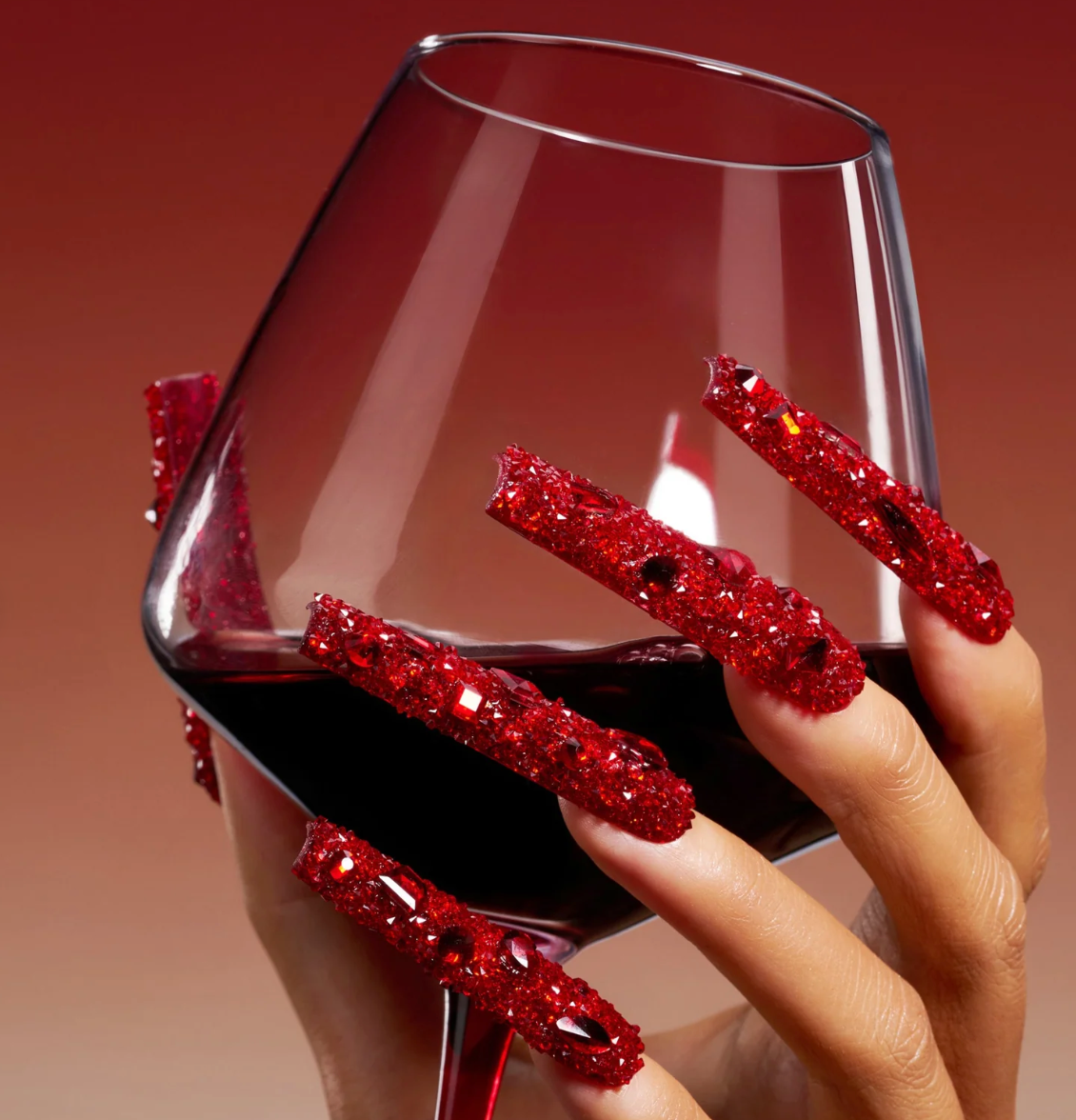DRESUP Crimson Sparkle Long Pipe Press-On Nails – 12 Pieces