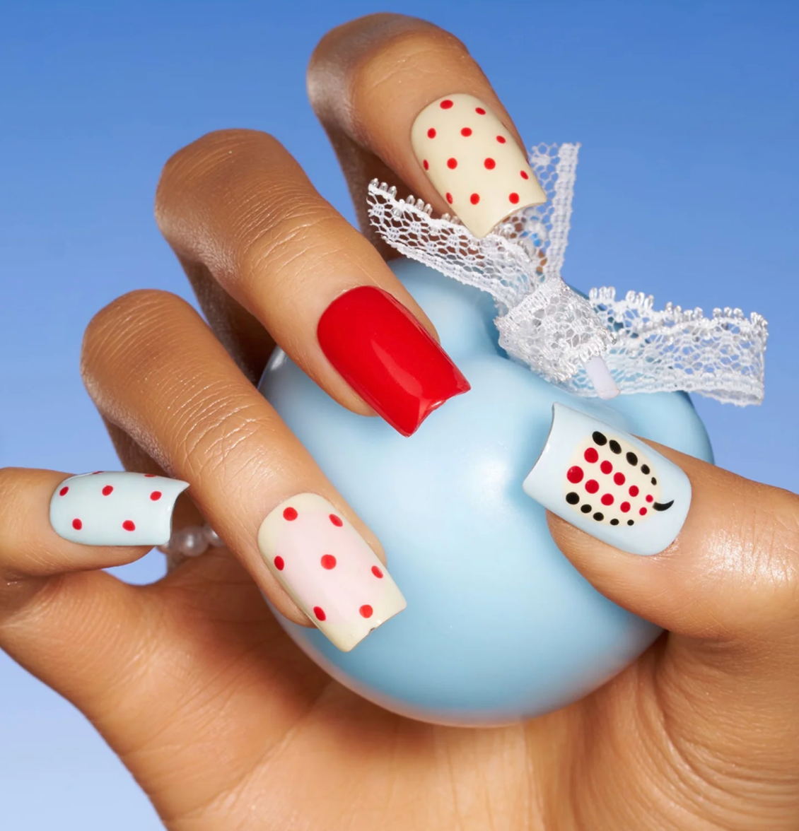 DRESUP Polka Dot Cherry Short Square Press-On Nails – 12 Pieces