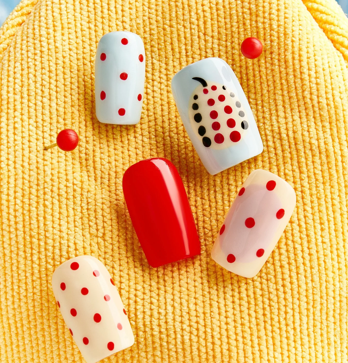 DRESUP Polka Dot Cherry Short Square Press-On Nails – 12 Pieces