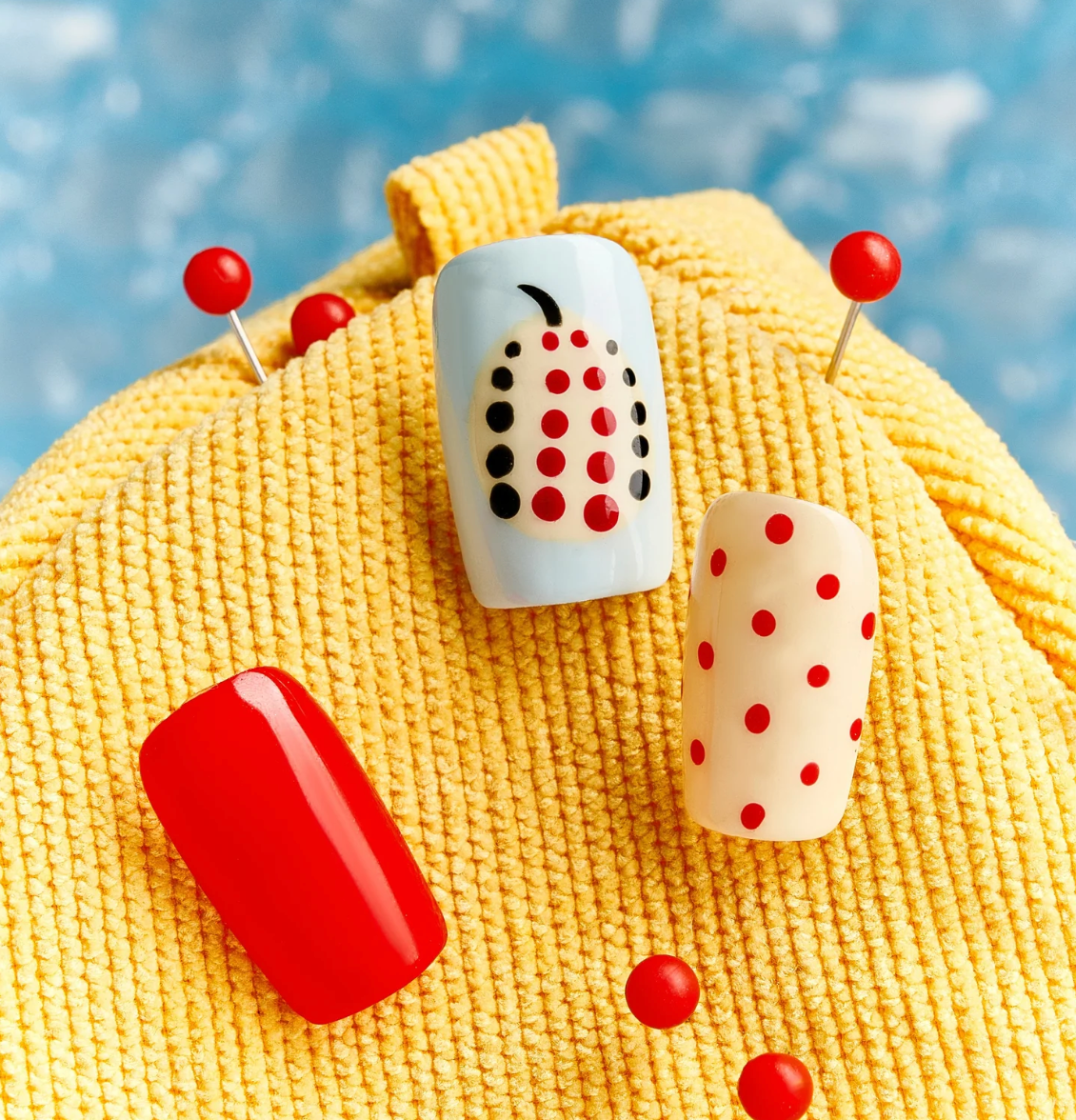 DRESUP Polka Dot Cherry Short Square Press-On Nails – 12 Pieces