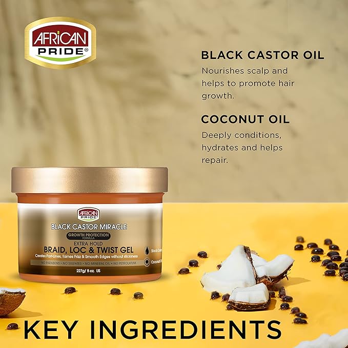 African Pride Black Castor Miracle Extra Hold Braid, Loc & Twist Gel | Tames Frizz, Secures Styles, & Smooths Edges – With Black Castor & Coconut Oil – Free from Parabens, Sulfates & Mineral Oil – 8 oz - Beauty Exchange Beauty Supply