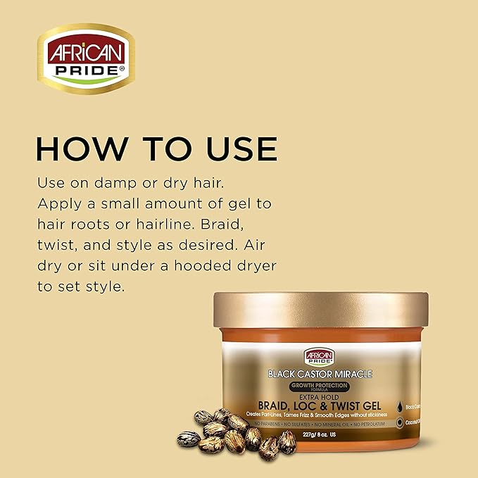 African Pride Black Castor Miracle Extra Hold Braid, Loc & Twist Gel | Tames Frizz, Secures Styles, & Smooths Edges – With Black Castor & Coconut Oil – Free from Parabens, Sulfates & Mineral Oil – 8 oz - Beauty Exchange Beauty Supply