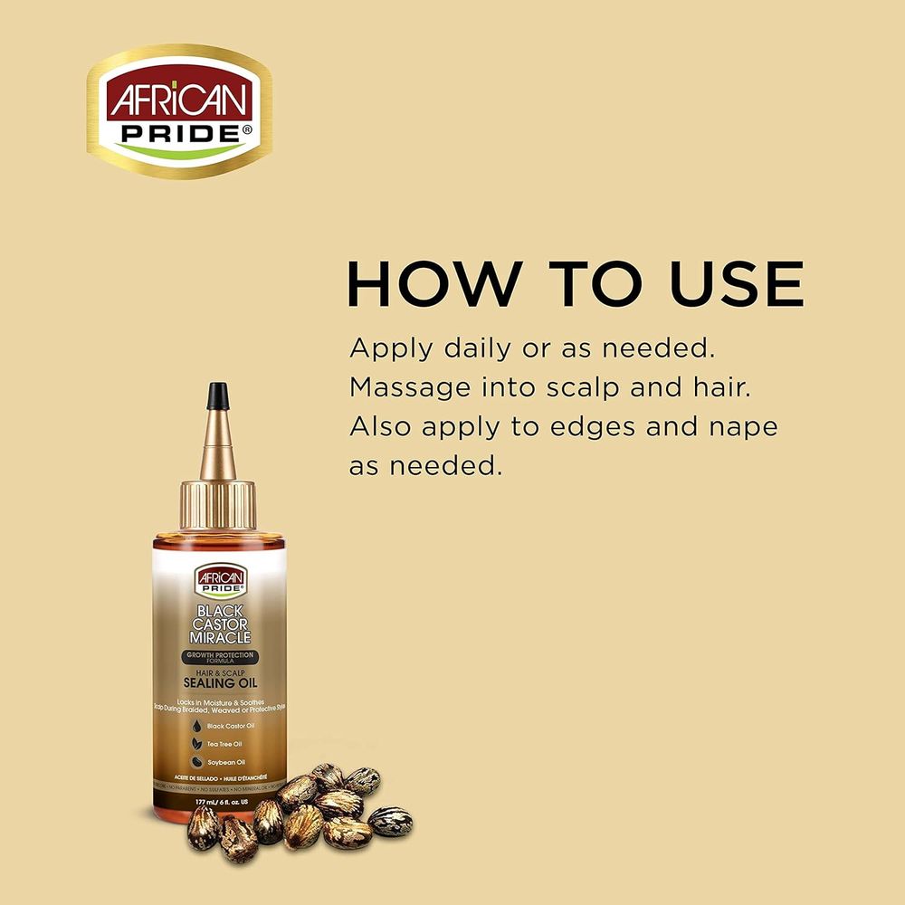 African Pride Black Castor Miracle Hair & Scalp Sealing Oil | Hydrating Oil Treatment for Scalp & Ends – Locks In Moisture, Strengthens, & Soothes – 6 oz - Beauty Exchange Beauty Supply