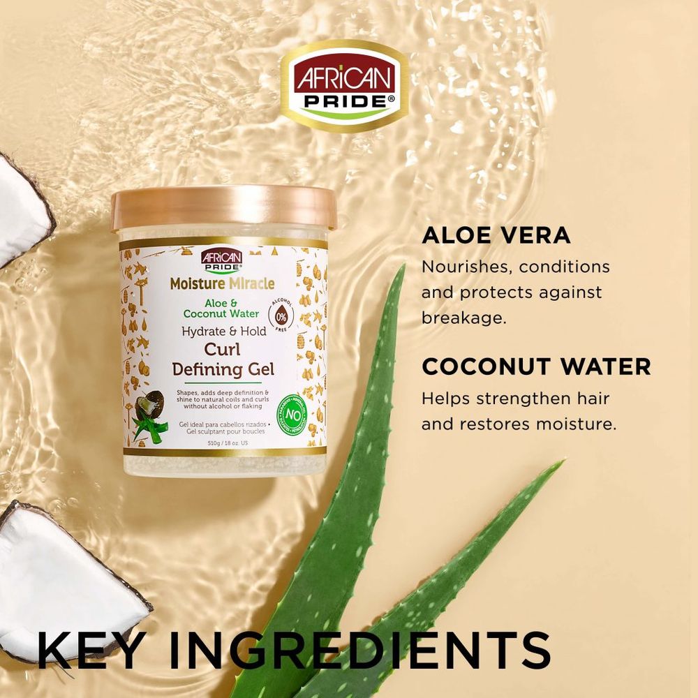 African Pride Moisture Miracle Aloe & Coconut Water Curl Defining Gel | Enhance & Define Your Natural Curls – Maximum Hold & Moisture – 18oz - Beauty Exchange Beauty Supply