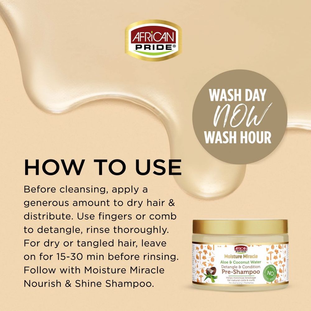 African Pride Moisture Miracle Aloe & Coconut Water Pre - Shampoo | Detangles, Hydrates & Protects Natural Hair Before Shampooing – With Aloe Vera & Coconut Water – 12 oz - Beauty Exchange Beauty Supply
