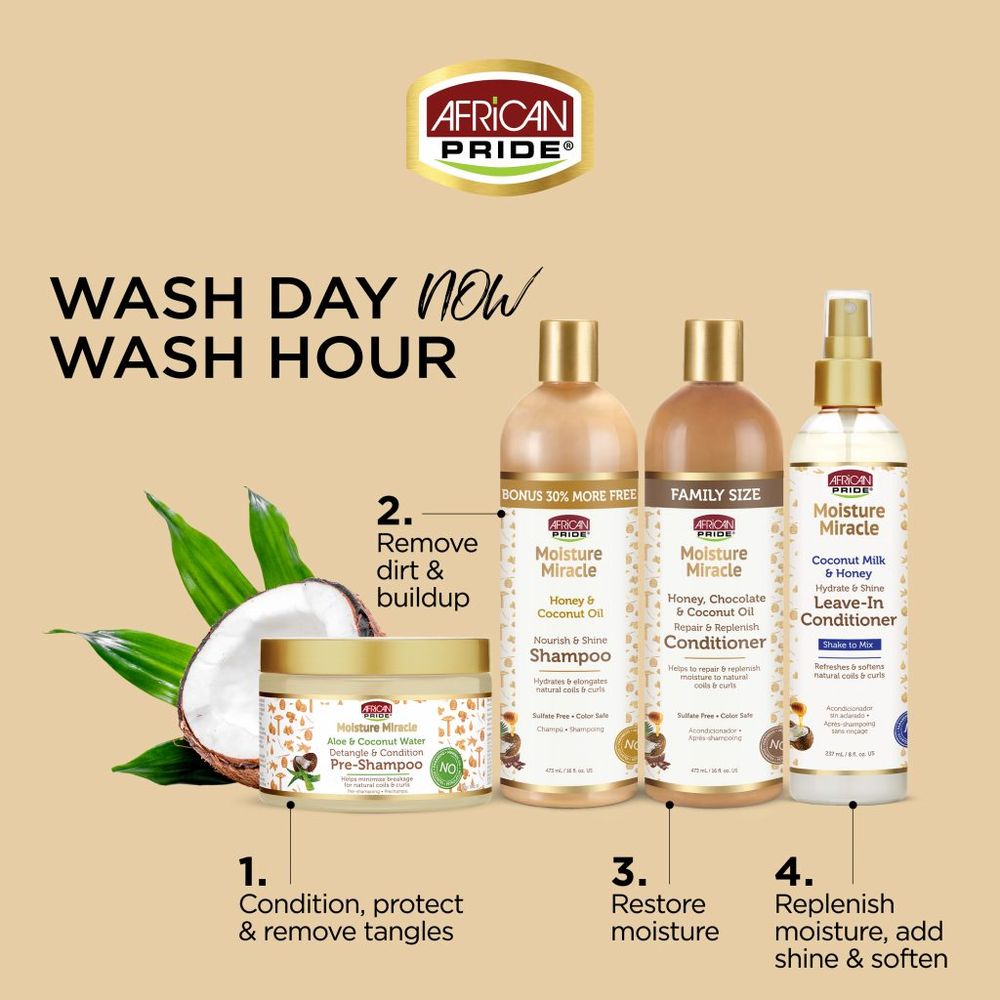 African Pride Moisture Miracle Aloe & Coconut Water Pre - Shampoo | Detangles, Hydrates & Protects Natural Hair Before Shampooing – With Aloe Vera & Coconut Water – 12 oz - Beauty Exchange Beauty Supply