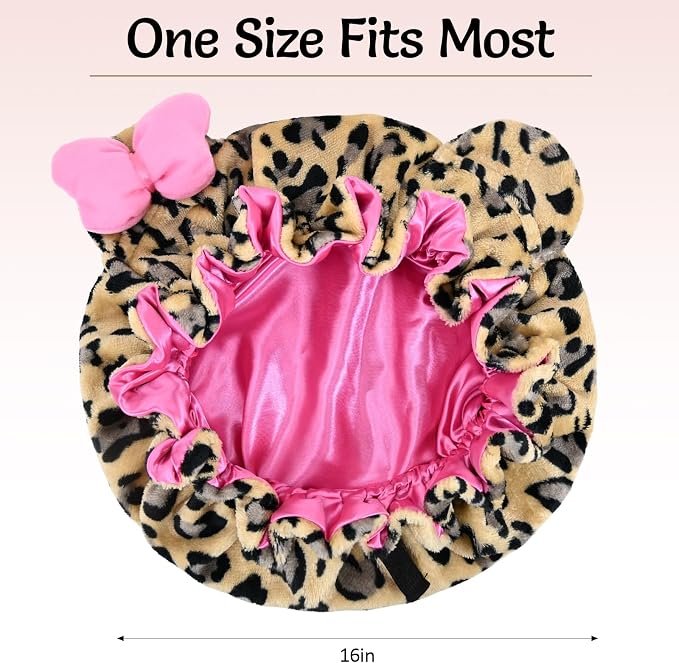 Fuzzy Plush Kitty Bonnet – Animal Print Satin Hair Bonnet