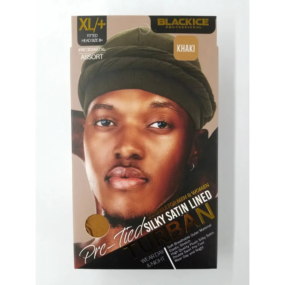 Black Ice Professional Pre - Tied Silky Satin Lined Turban XL – Extra Comfort & Hair Protection | Black, Navy, Khaki - Beauty Exchange Beauty Supply