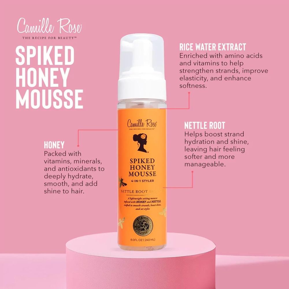 Camille Rose Spiked Honey Mousse, 4 - in - 1 Hair Styler with Nettle Root, to Nourish and Hydrate Strands, Define Curls, and Add shine, for All Hair Types, 8 fl oz - Beauty Exchange Beauty Supply