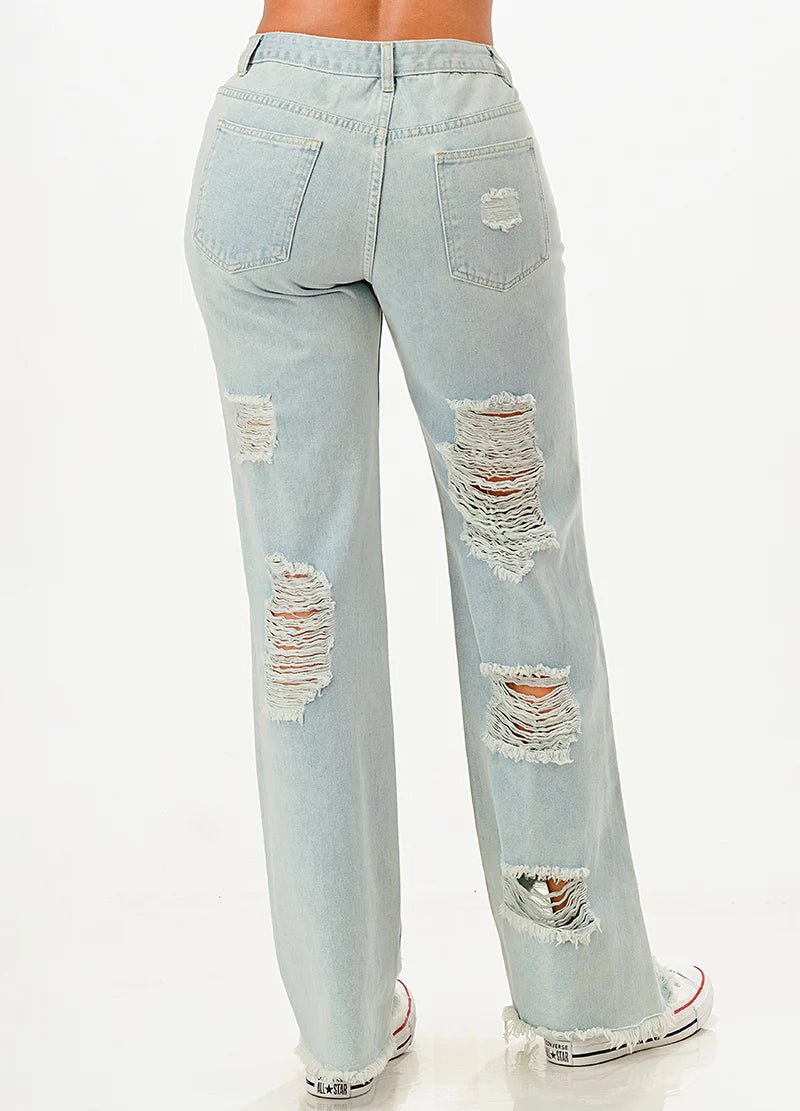DODO Destroyed Wide Leg Denim Pants - Beauty Exchange Beauty Supply