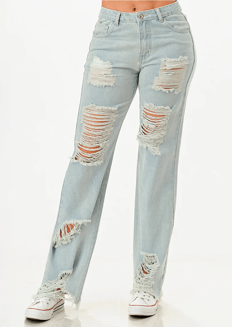DODO Destroyed Wide Leg Denim Pants - Beauty Exchange Beauty Supply