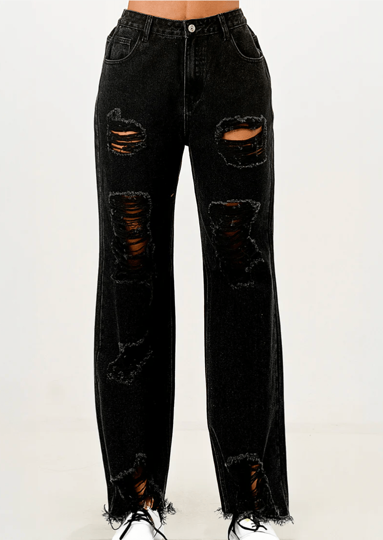 DODO Destroyed Wide Leg Denim Pants - Beauty Exchange Beauty Supply