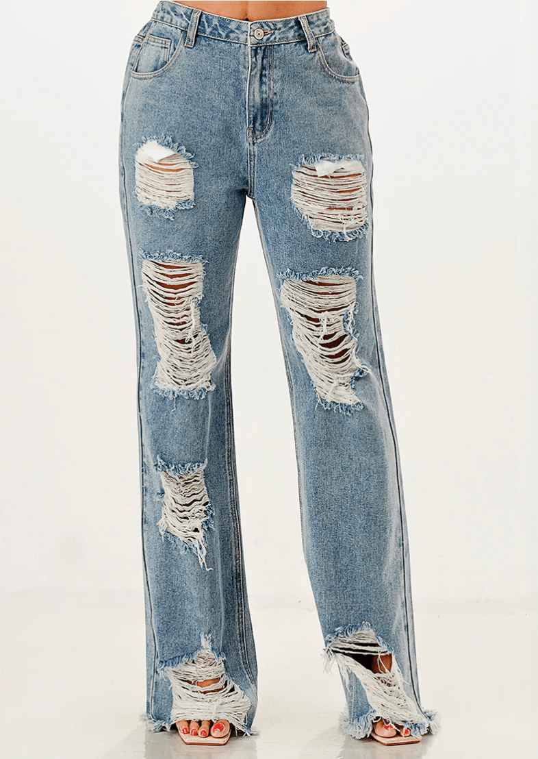 DODO Destroyed Wide Leg Denim Pants - Beauty Exchange Beauty Supply