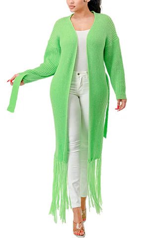 DODO Knit Fringe Long Cardigan with Belt - Beauty Exchange Beauty Supply