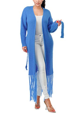 DODO Knit Fringe Long Cardigan with Belt - Beauty Exchange Beauty Supply