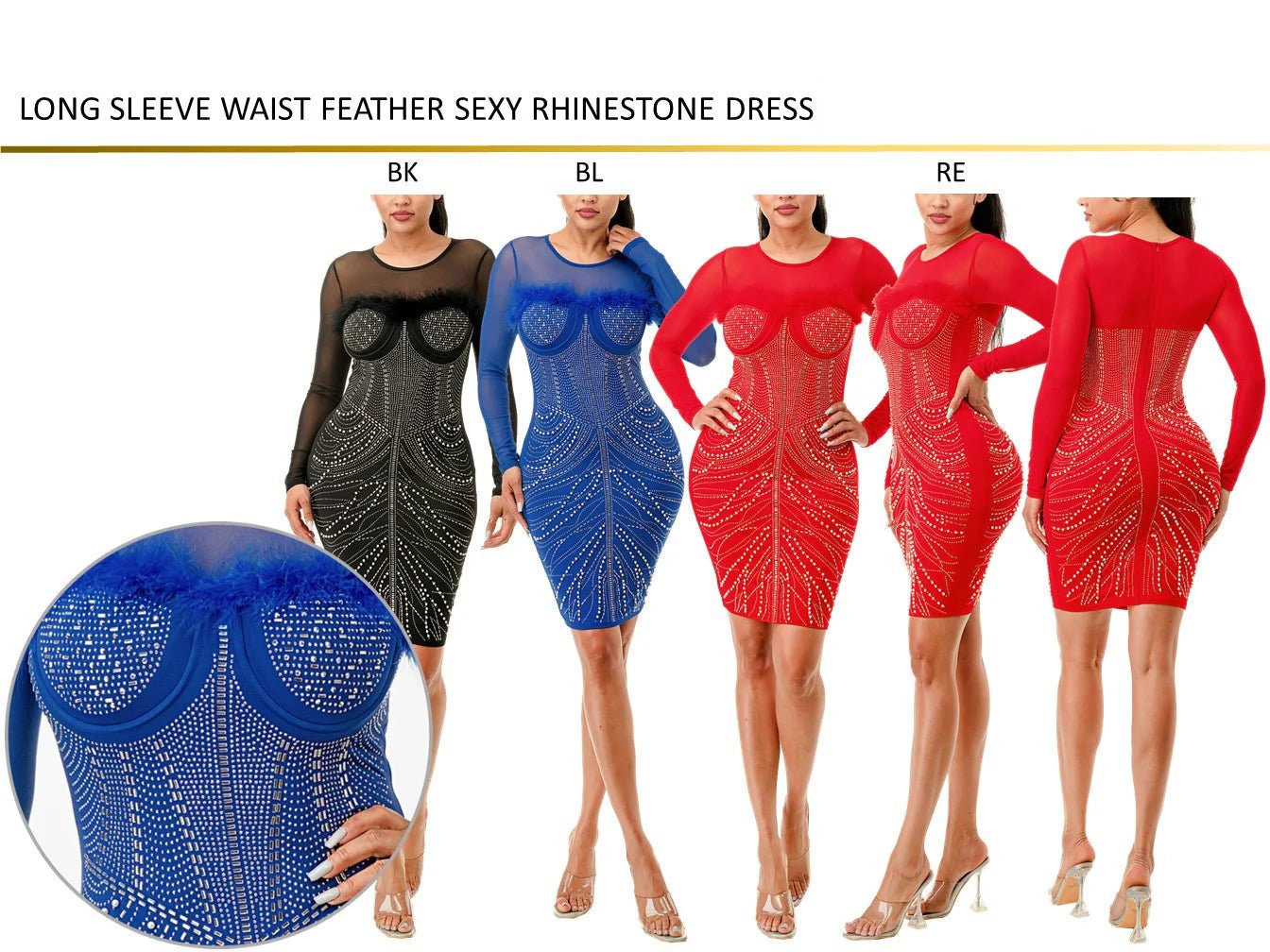 DODO Long Sleeve Waist Feather Rhinestone Dress - Beauty Exchange Beauty Supply
