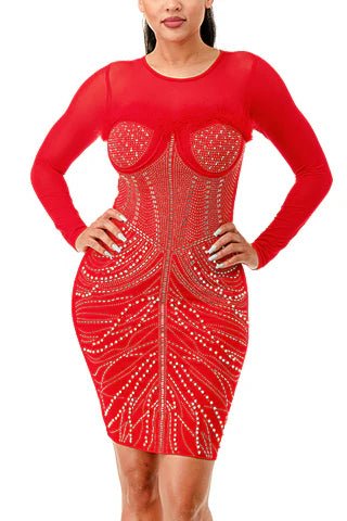 DODO Long Sleeve Waist Feather Rhinestone Dress - Beauty Exchange Beauty Supply