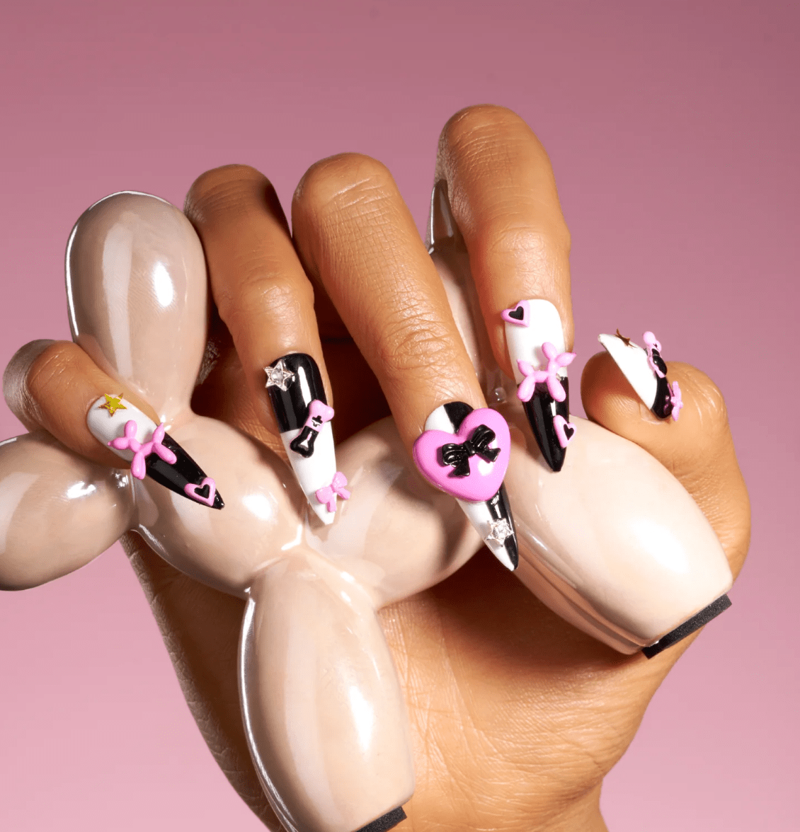 DRESUP Black Spade Sweetheart Medium Almond Stiletto Press-On Nails – 12 Pieces - Beauty Exchange Beauty Supply